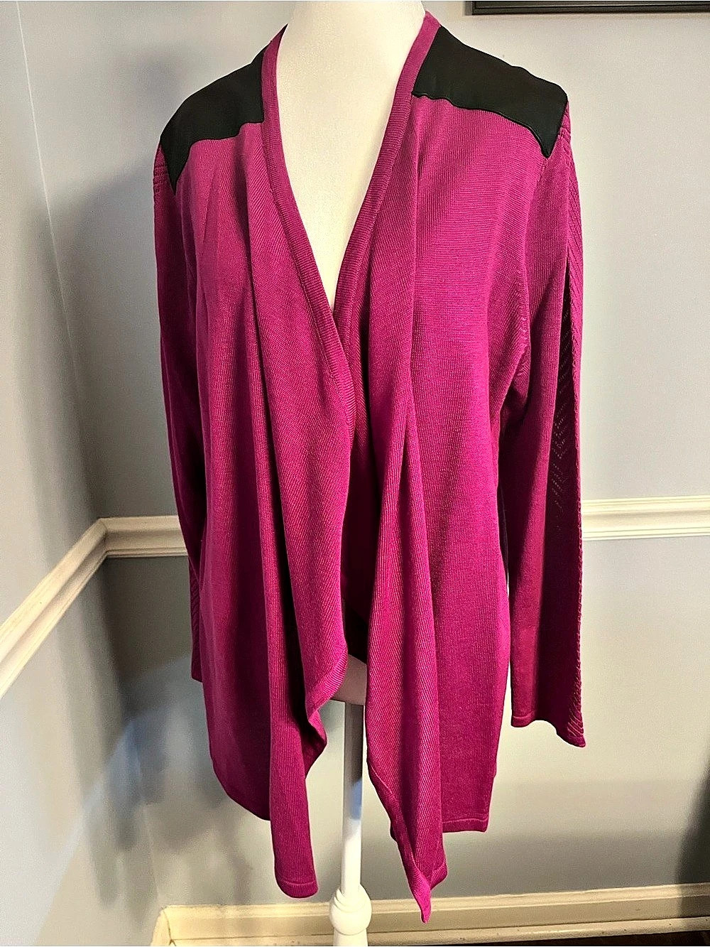 Open Front Cardigan with black faux leather shoulder patches Raspberry color